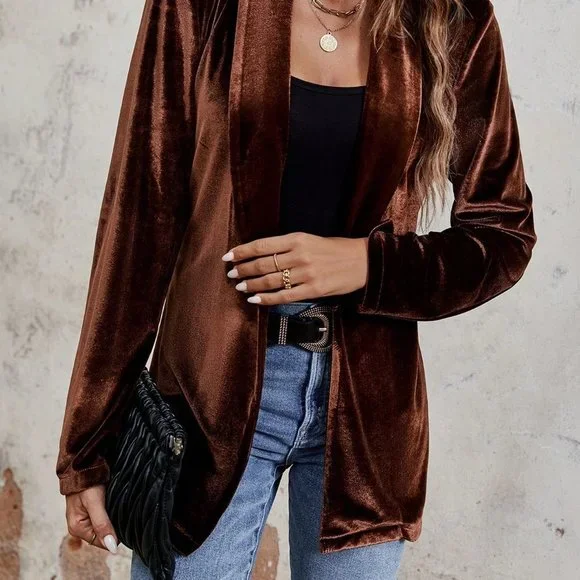 Brown Casual Womens Shawl Collar Belted Velvet Blazer - Picture 4 of 6